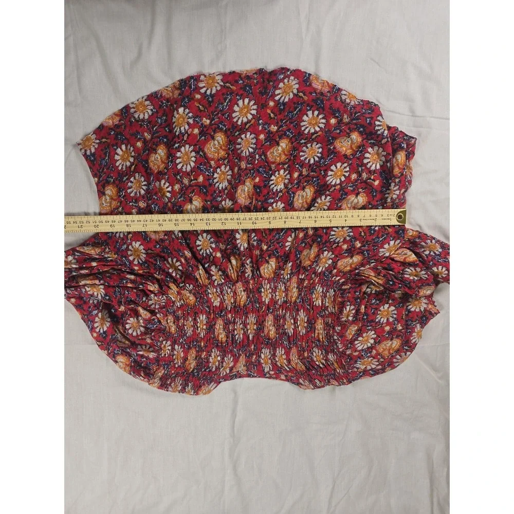 Free People Top Womens Small Red Floral Smocked Puff Sleeve Crop Blouse Boho
